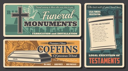 Funeral service, burial coffins and RIP monuments, death farewell ceremony agency, vector posters. Funeral coffins, memorial tomb monuments, remembrance floral wreath and testaments legal registration - obrazy, fototapety, plakaty