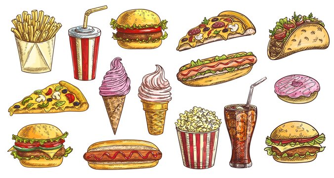 Sketch fast food meals isolated vector icons ice cream in waffle cone, soda drink with ice cubes and burger with french fries. Takeaway donut, pizza and hot dog with taco engraving retro signs set