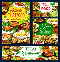 Thailand cuisine restaurant meals banners. Thai food dishes. Spicy curry and soups with chicken and vegetables, rice, noodles and fish meatballs, sweet desserts with pineapple and coconut ice cream