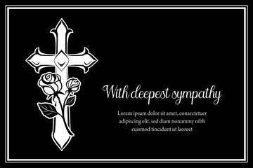 Funeral card vector template with cross and and rose flowers. Vintage condolence funeral card with deepest sympathy typography. Obituary memorial, remembrance retro funeral monochrome poster design - obrazy, fototapety, plakaty