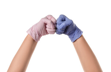 Gesturing hands in protective gloves on white background