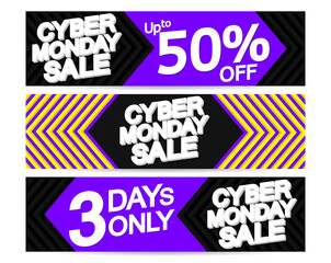 Set Cyber Monday Sale web banners design template, horizontal posters, vector illustration