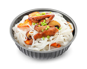 Bowl with tasty rice noodles and meat on white background