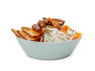 Bowl with tasty rice noodles and meat on white background