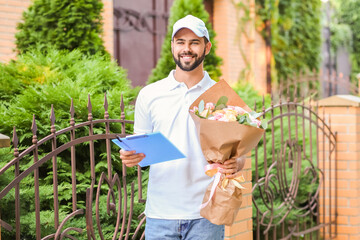 Delivery man with bouquet of beautiful flowers outdoors