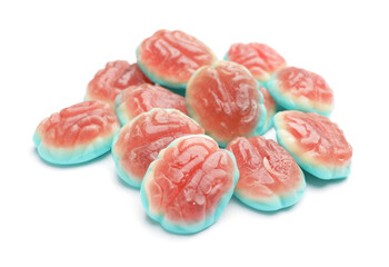 Tasty scary candies for Halloween on white background