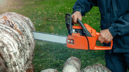 Chainsaw. Close-up of a chain saw cutter in motion, sawdust flying along the sides. Concept of...