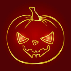 Fototapeta premium Halloween pumpkin hand drawn outline shining bright gold or red background. Happy Halloween holiday cute character. Greeting card, banner, party invitation design. Vector illustration