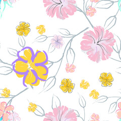 Pink Flowers Blooming Pattern. Pastel Watercolor.