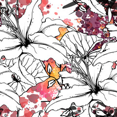 Floral Black White Pattern. Modern Watercolor