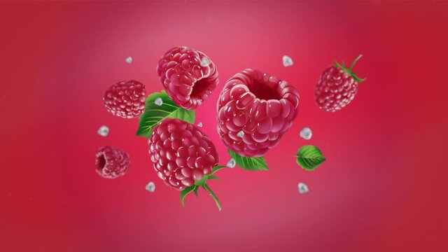 Flying fresh raspberries on a red background.