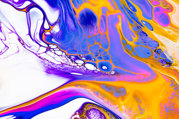 Fluid art texture. Background with abstract iridescent paint effect. Liquid acrylic artwork with flows and splashes. Mixed paints for interior poster. Blue, orange and white overflowing colors