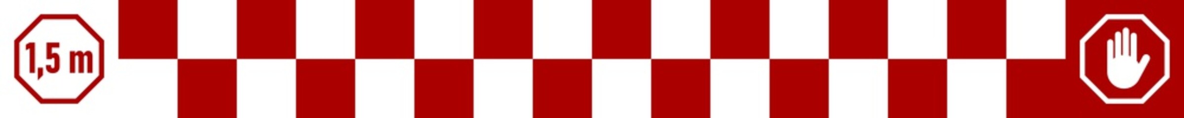 Checkered Social Distancing Floor Marking Tape Keep Your Distance 1,5 m or 1,5 Metres Sticker Icon with an Aspect Ratio of 10:1. Vector Image.