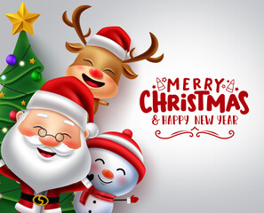 Christmas characters vector banner template. Merry christmas text in white empty space for messages and xmas character like santa, reindeer and snowman for holiday season greeting card. - obrazy, fototapety, plakaty