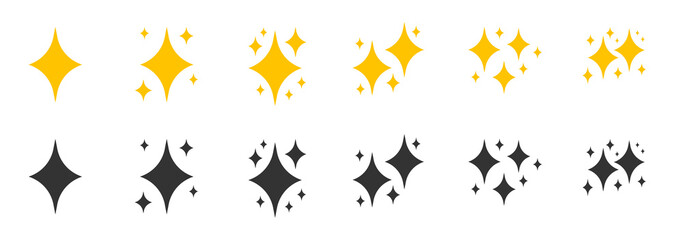 Yellow, black flat sparkles symbols icon set. Element shiny flash. Decoration starry twinkle. Glitter bright different shape, burst firework glowing light effect Isolated on white vector illustration