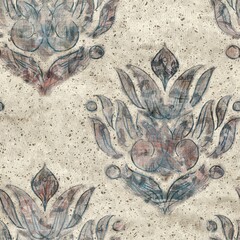 Chic formal grungy damask texture seamless pattern. High quality illustration. Ornate flourish baroque design in a trendy posh exotic style. Grainy fabric texture overlay.