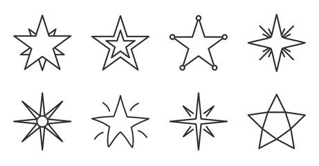 Obraz premium Set of black linear star icons. Simple contour star shape pattern. Line for tatto, app, game. Symbol starry magic, night sky. Decoration element for christmas or birthday Isolated vector illustration