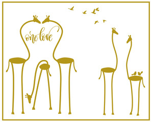Giraffes, family, love, flying birds. Silhouette. Vector arts
