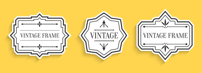 Retro vintage white labels paper cut set with shadow. Package template for text banner, sticker. Different shape empty border tag menu sale price with decorative elements Isolated vector illustration