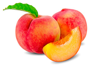 Peach. Fruits with leaves isolated on white background