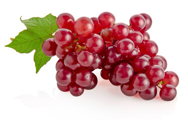 Fototapeta premium Ripe red grape. Pink bunch with leaves isolated on white. With clipping path. Full depth of field.