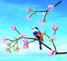 Bird on magnolia tree branch. Clear blue sky. Vector art