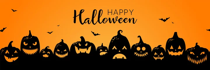 Fototapeten Halloween pumpkins black silhouette banner background illustration © pixelliebe