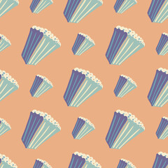 Soft blue popcorn ornament seamless doodle pattern. Light beige background. Simple sinema backdrop.