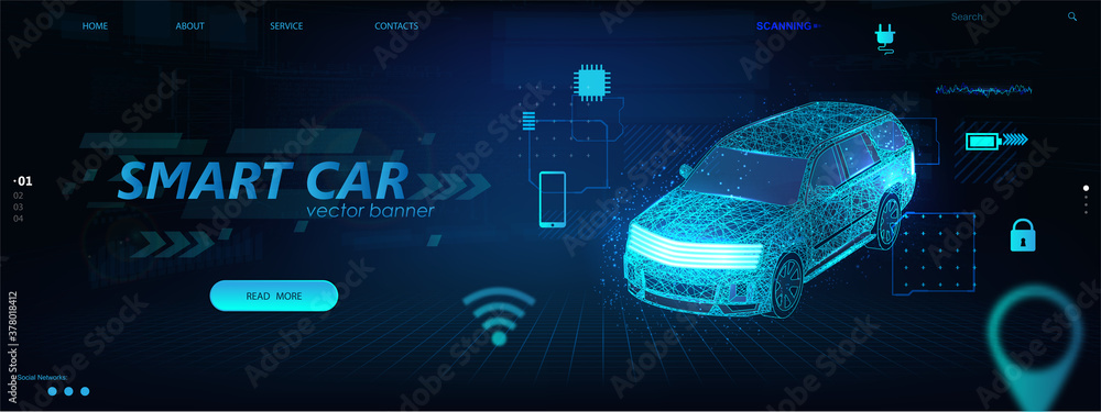Poster Scanning cars with artificial intelligence, crossover in isometric position. Polygonal auto and HUD interface. Smart auto hologram with icons. Wire-frame car concept AI program. Vector illustration