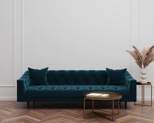 Green Velvet Suede Tufted Sofa Couch Mid-Century Modern Living Room Blank Empty Wall Copy Space	

