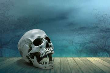 Human skull on the wooden table with smoke and fog