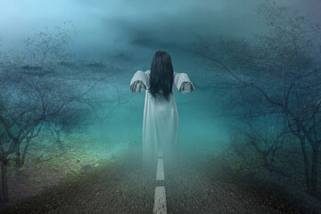 Scary ghost woman standing with night scene background