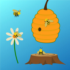 Cartoon Bee Catalog with Beehive, Flower and Stump