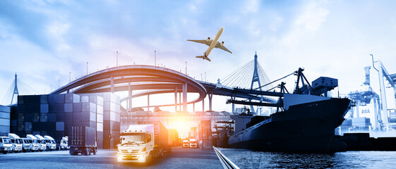 Logistics and transportation of Container Cargo ship and Cargo plane with working crane bridge in...