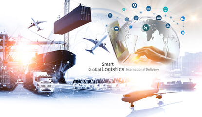 Smart Logistics international delivery concept, World map with logistic network distribution on background.background for Concept of fast or instant shipping, Online goods orders worldwide