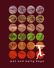 Vector illustration of geometric background with texture and silhouette of surfer.