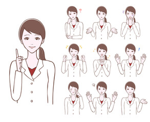 白衣を着た若い女性のポーズ　セット　イラスト