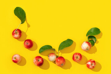 Frame from ripe small red apples and green leaves with dark shadows on yellow color background.