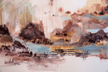 Modern art. Closeup view of an abstract romantic painting depicting the ocean, waves and beach at sunset. Beautiful brushstrokes texture and dusk palette of pink, blue, magenta, orange and red colors.