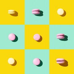 Regular creative pattern of colorful french cookies macarons. Pop art style banner.