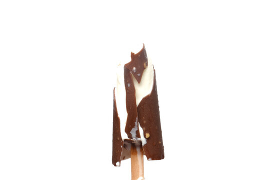 Melted coco bar ice cream with vanilla flavour on isolated white background.