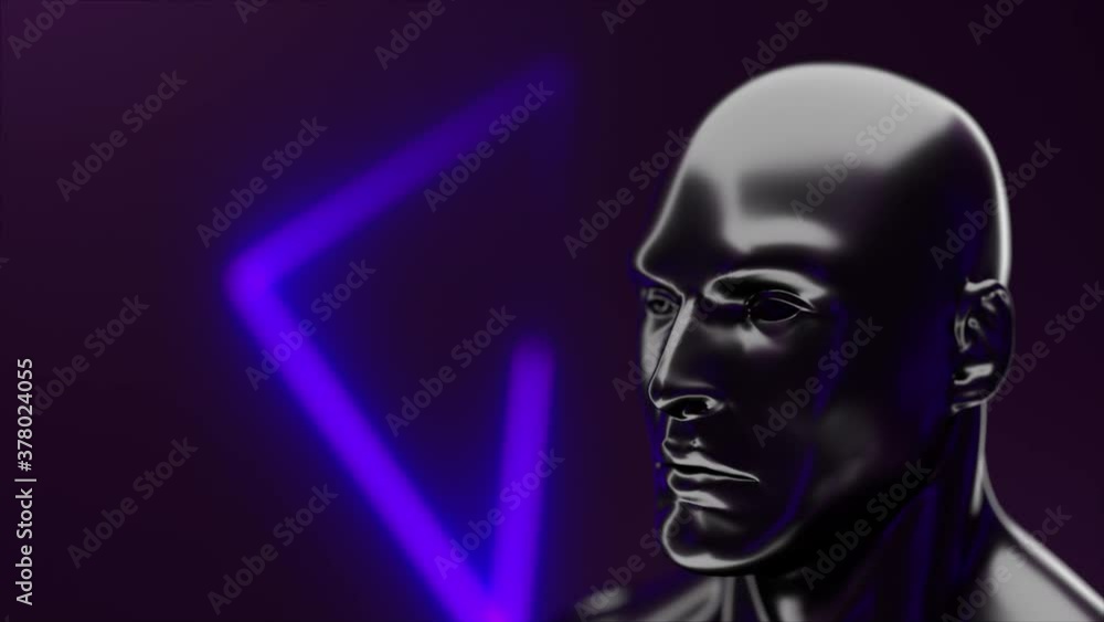 Aufkleber futuristic human head with iridescent glare in front of geometric neon, 3d rendering. computer gener