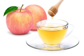 Closeup cup glass of apple cider tea and fresh ripe pink red apple fruit with pure honey isolated on white background. 