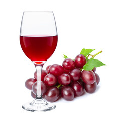 Red wine in wineglass with red grapes isolated on white background. 