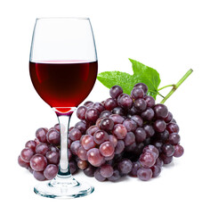 Red wine in champagne glass ( wineglass ) with red grapes  isolated on white background.