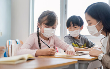Portrait of international caucasian and asian students teacher wearing face mask in group study, children self-protect from corona virus after lockdown. New normal, back to school concept