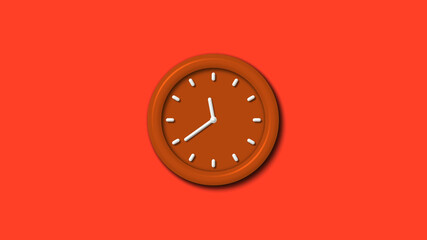 New brown color 3d wall clock isolated on red background,12 hours clock isolated