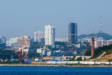 Summer, 2016 - Vladivostok, Russia - Vladivostok Marine Facade. Commercial seaport from the sea side.