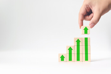 Ladder career path for business growth success process concept.Hand arranging wood block stacking...