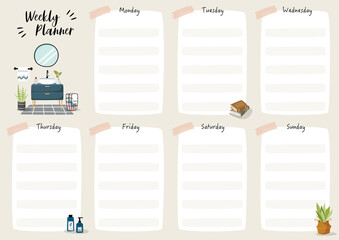 Set of weekly planner and to do list with home interior decor illustrations. Template for agenda, schedule, planners, checklists, notebooks, cards and other stationery.
